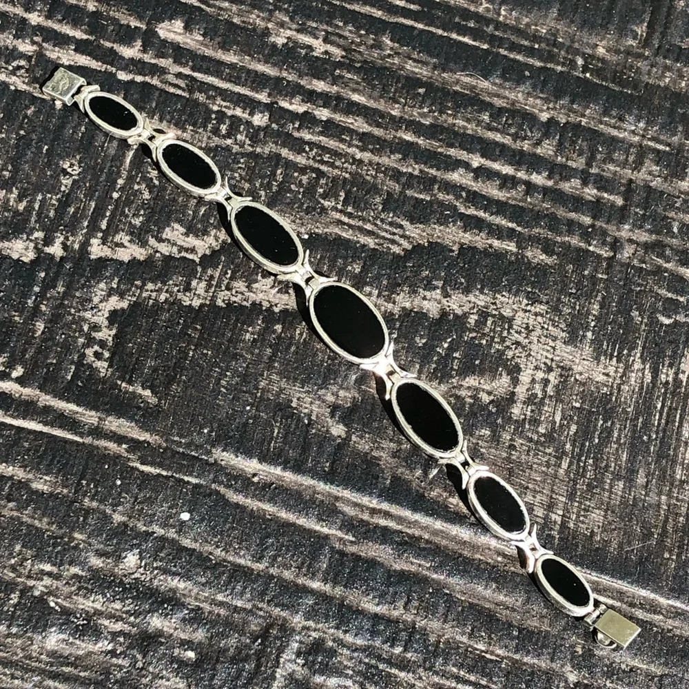 JUDITH JACK Vintage Black Onyx Marcasite Sterling Silver Art Deco Bracelet